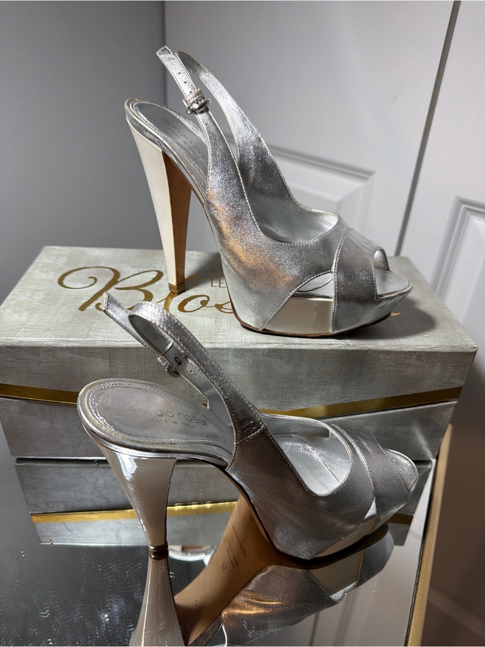 Sergio Rossi Women's Silver white Slingback Peep-Toe platform stiletto shoes 36